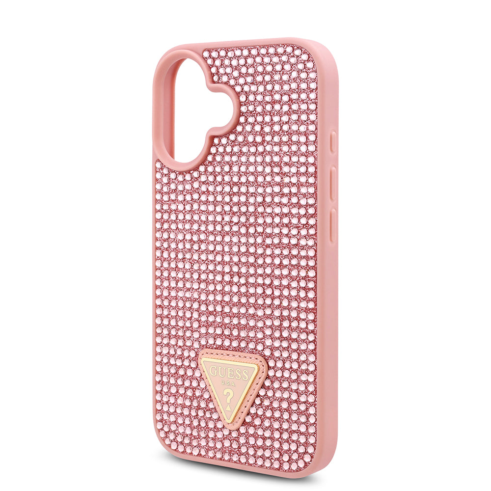 Apple iPhone 16 Plus Kılıf Guess Üçgen Logolu Rhinestone Taşlı Kapak Pembe