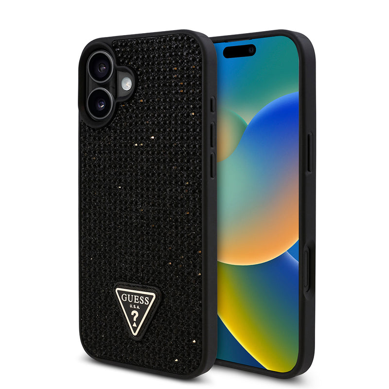 Apple iPhone 16 Plus Kılıf Guess Üçgen Logolu Rhinestone Taşlı Kapak Siyah