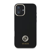 Apple iPhone 16 Plus Kılıf Guess Yazı ve Taşlı 4G Logolu Metal Kamera Çerçeveli Silikon Kapak Siyah