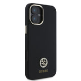 Apple iPhone 16 Plus Kılıf Guess Yazı ve Taşlı 4G Logolu Metal Kamera Çerçeveli Silikon Kapak Siyah