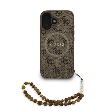 Apple iPhone 16 Plus Kılıf Guess M-safe Şarj Özellikli Bilek Askı İpli Yazı Logolu Kapak Kahverengi