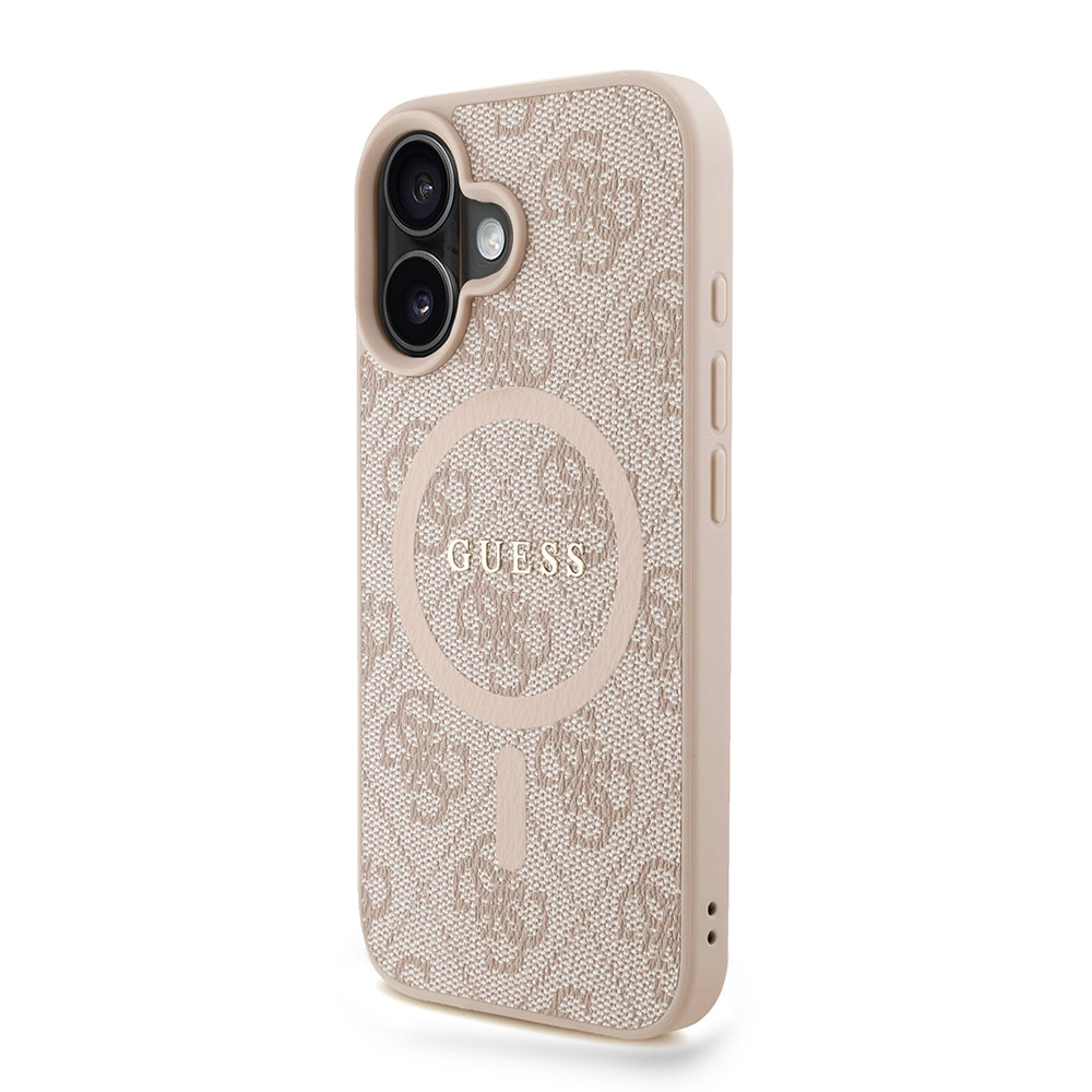 Apple iPhone 16 Plus Kılıf Guess M-safe Şarj Özellikli Bilek Askı İpli Yazı Logolu Kapak Pembe