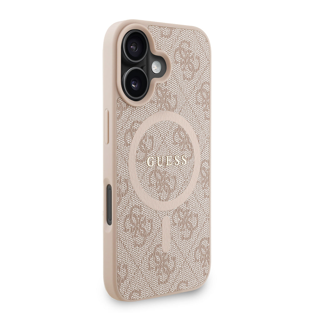 Apple iPhone 16 Plus Kılıf Guess M-safe Şarj Özellikli Bilek Askı İpli Yazı Logolu Kapak Pembe