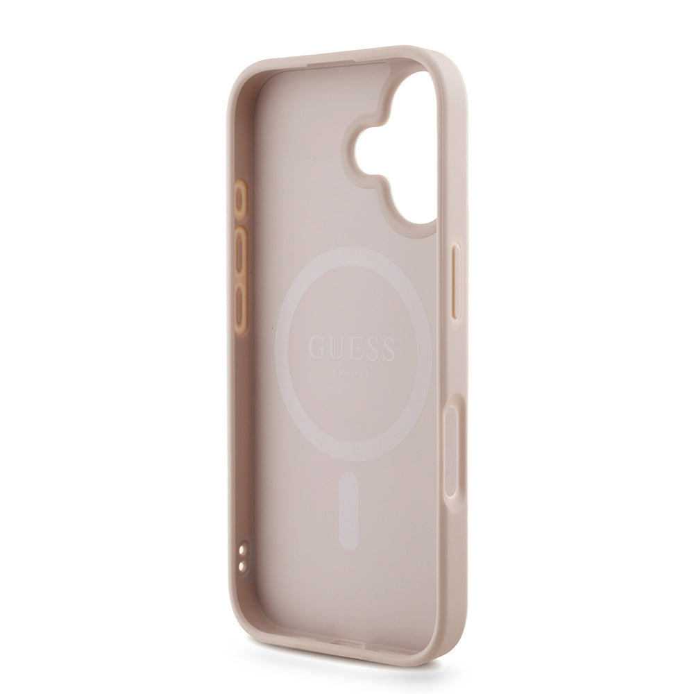 Apple iPhone 16 Plus Kılıf Guess M-safe Şarj Özellikli Bilek Askı İpli Yazı Logolu Kapak Pembe
