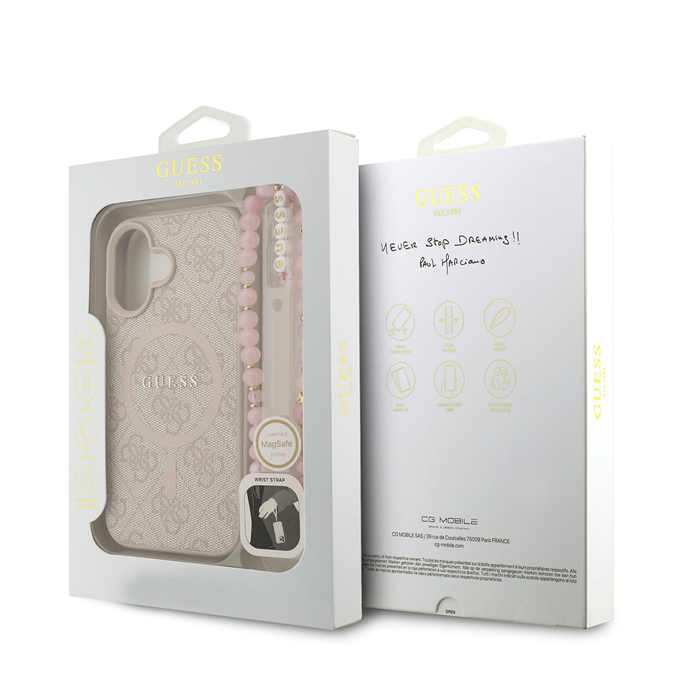 Apple iPhone 16 Plus Kılıf Guess M-safe Şarj Özellikli Bilek Askı İpli Yazı Logolu Kapak Pembe