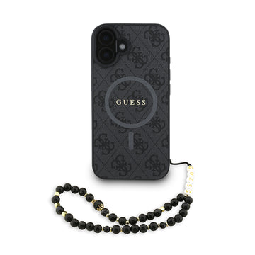 Apple iPhone 16 Plus Kılıf Guess M-safe Şarj Özellikli Bilek Askı İpli Yazı Logolu Kapak Siyah