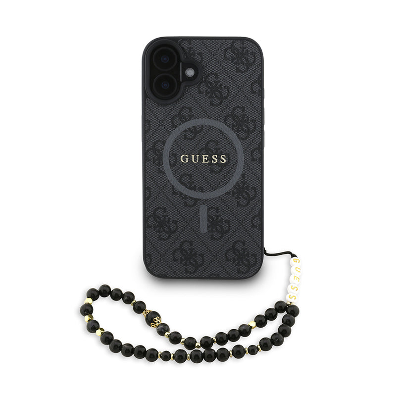 Apple iPhone 16 Plus Kılıf Guess M-safe Şarj Özellikli Bilek Askı İpli Yazı Logolu Kapak Siyah