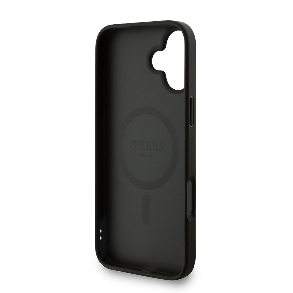 Apple iPhone 16 Plus Kılıf Guess M-safe Şarj Özellikli Bilek Askı İpli Yazı Logolu Kapak Siyah