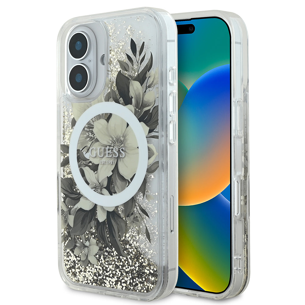 Apple iPhone 16 Plus Kılıf Guess Magsafe Şarj Özellikli Sıvılı Simli Çiçek Desenli Kapak Bej