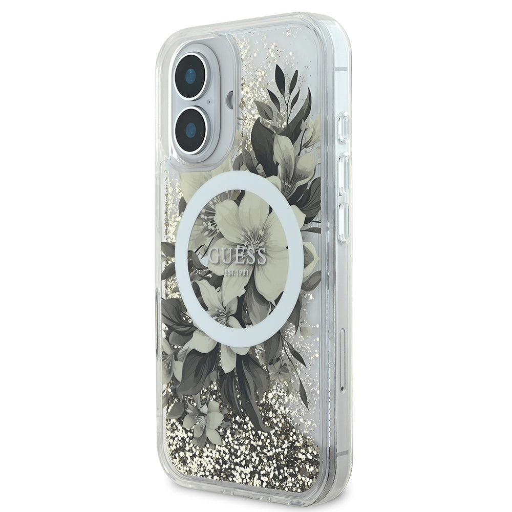 Apple iPhone 16 Plus Kılıf Guess Magsafe Şarj Özellikli Sıvılı Simli Çiçek Desenli Kapak Bej