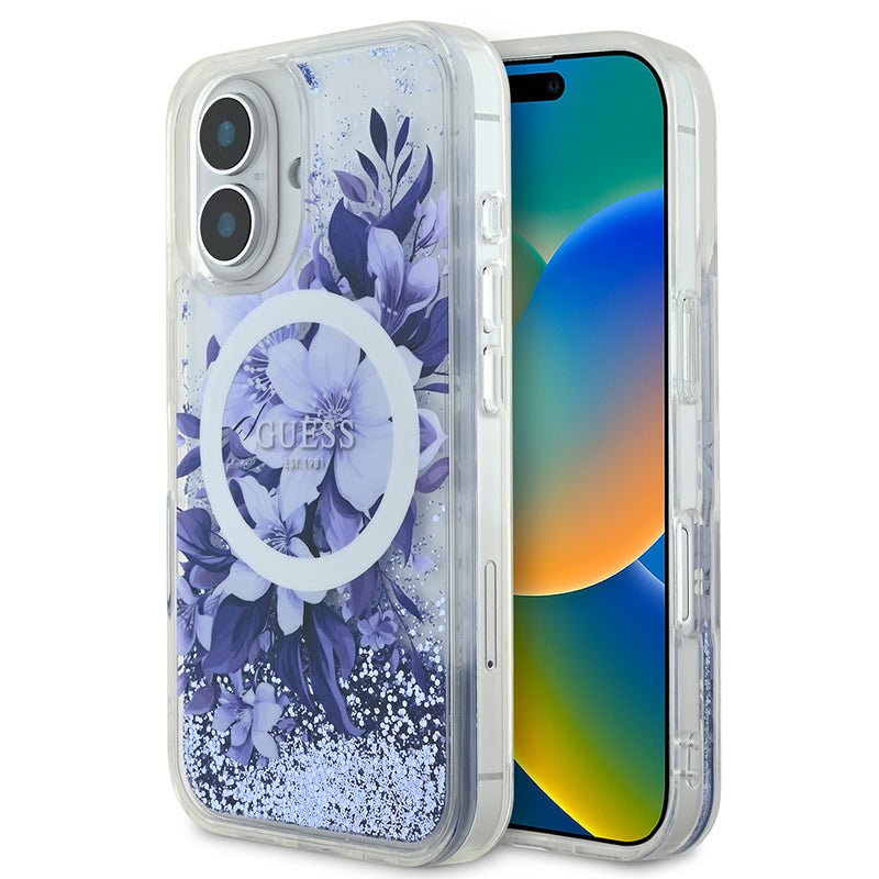 Apple iPhone 16 Plus Kılıf Guess Magsafe Şarj Özellikli Sıvılı Simli Çiçek Desenli Kapak Mor