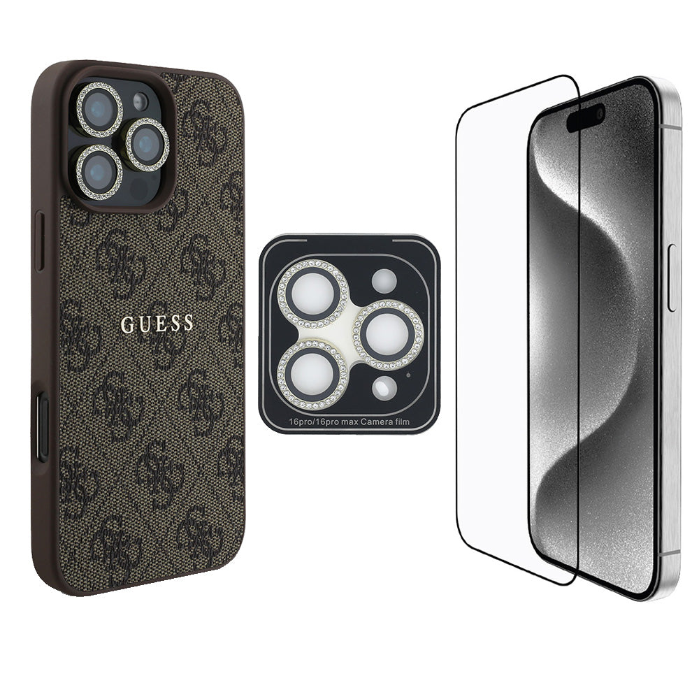 Apple iPhone 16 Pro Guess 3'lü Aksesuar Seti Kılıf Ekran ve Lens Koruyucu Kahverengi