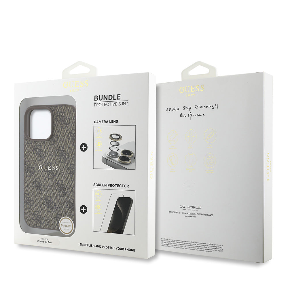 Apple iPhone 16 Pro Guess 3'lü Aksesuar Seti Kılıf Ekran ve Lens Koruyucu Kahverengi