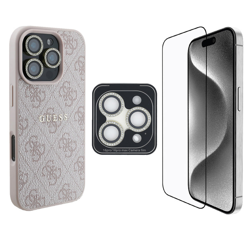 Apple iPhone 16 Pro Guess 3'lü Aksesuar Seti Kılıf Ekran ve Lens Koruyucu Pembe