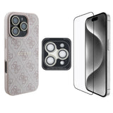 Apple iPhone 16 Pro Guess 3'lü Aksesuar Seti Kılıf Ekran ve Lens Koruyucu Pembe