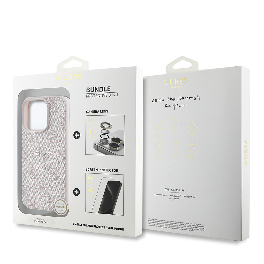 Apple iPhone 16 Pro Guess 3'lü Aksesuar Seti Kılıf Ekran ve Lens Koruyucu Pembe