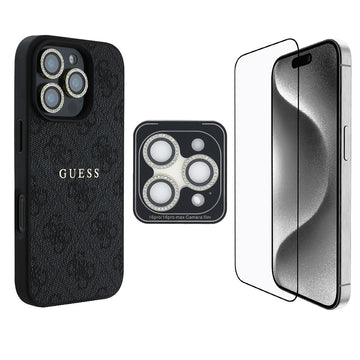 Apple iPhone 16 Pro Guess 3'lü Aksesuar Seti Kılıf Ekran ve Lens Koruyucu Siyah
