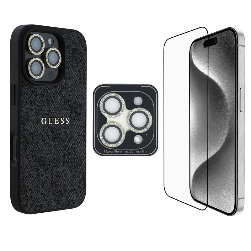 Apple iPhone 16 Pro Guess 3'lü Aksesuar Seti Kılıf Ekran ve Lens Koruyucu Siyah