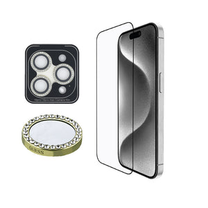 Apple iPhone 16 Pro Guess Rhinestone Ekran ve Lens Koruyucu İkili Set Gold