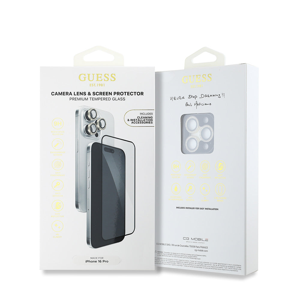 Apple iPhone 16 Pro Guess Rhinestone Ekran ve Lens Koruyucu İkili Set Gold