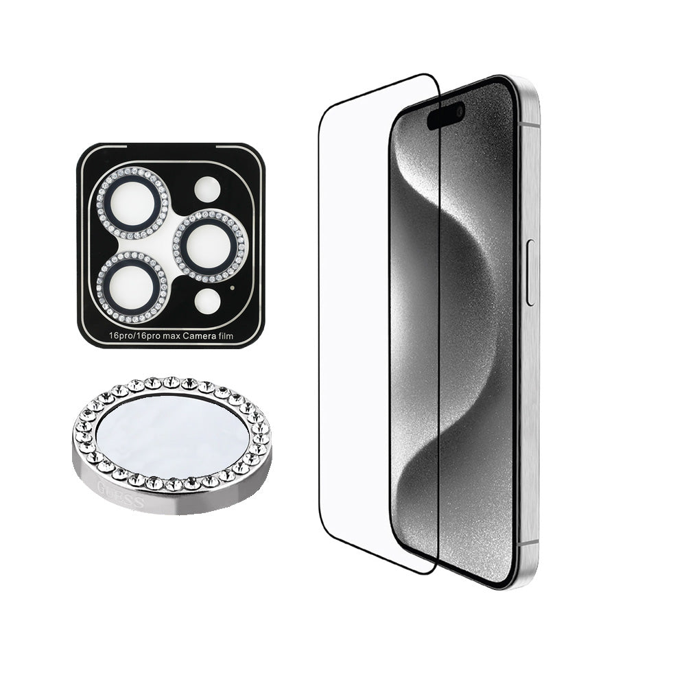 Apple iPhone 16 Pro Guess Rhinestone Ekran ve Lens Koruyucu İkili Set Gümüş