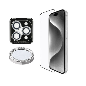 Apple iPhone 16 Pro Guess Rhinestone Ekran ve Lens Koruyucu İkili Set Gümüş