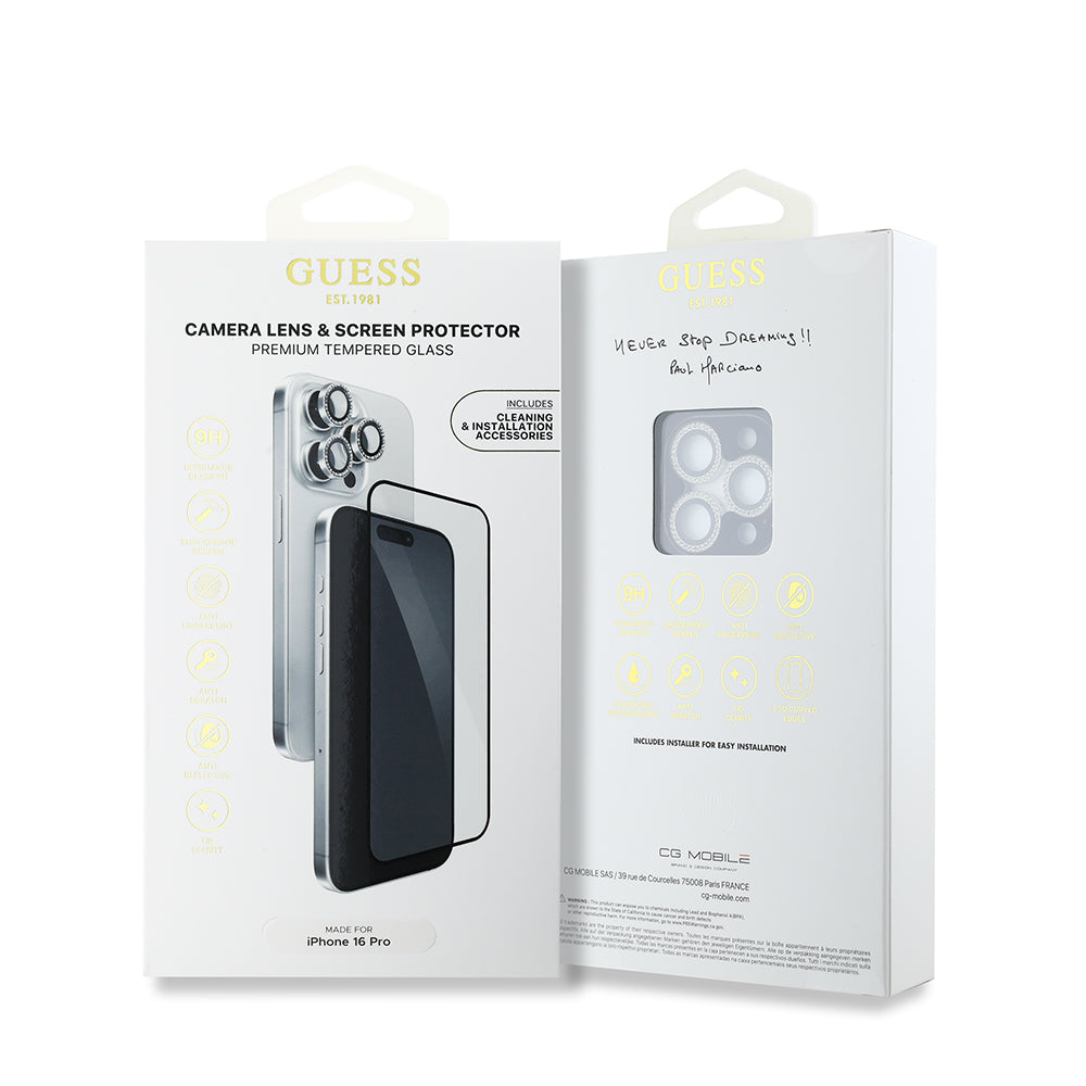 Apple iPhone 16 Pro Guess Rhinestone Ekran ve Lens Koruyucu İkili Set Gümüş