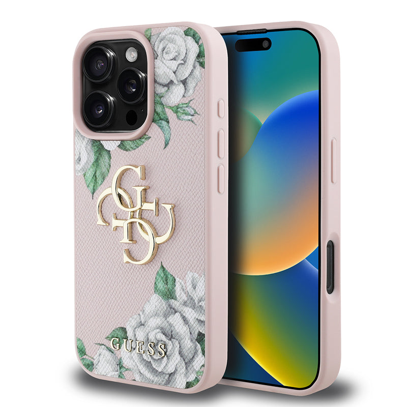 Apple iPhone 16 Pro Kılıf Guess Beyaz Gül Baskılı Büyük Metal Logolu Kapak Pembe