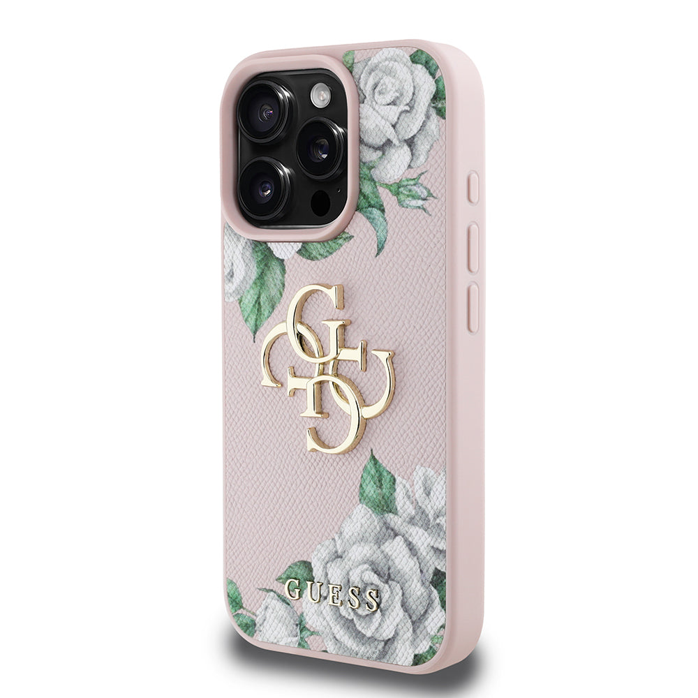 Apple iPhone 16 Pro Max Kılıf Guess Beyaz Gül Baskılı Büyük Metal Logolu Kapak Pembe