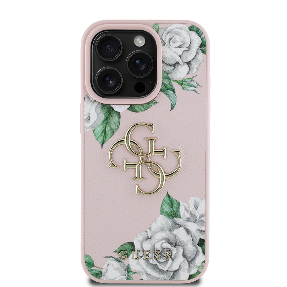 Apple iPhone 16 Pro Max Kılıf Guess Beyaz Gül Baskılı Büyük Metal Logolu Kapak Pembe