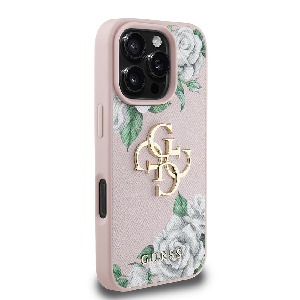 Apple iPhone 16 Pro Max Kılıf Guess Beyaz Gül Baskılı Büyük Metal Logolu Kapak Pembe