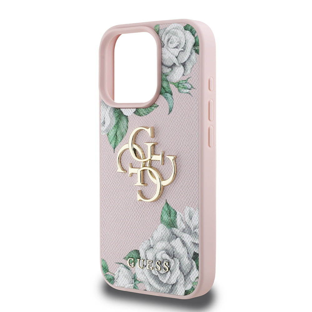 Apple iPhone 16 Pro Max Kılıf Guess Beyaz Gül Baskılı Büyük Metal Logolu Kapak Pembe