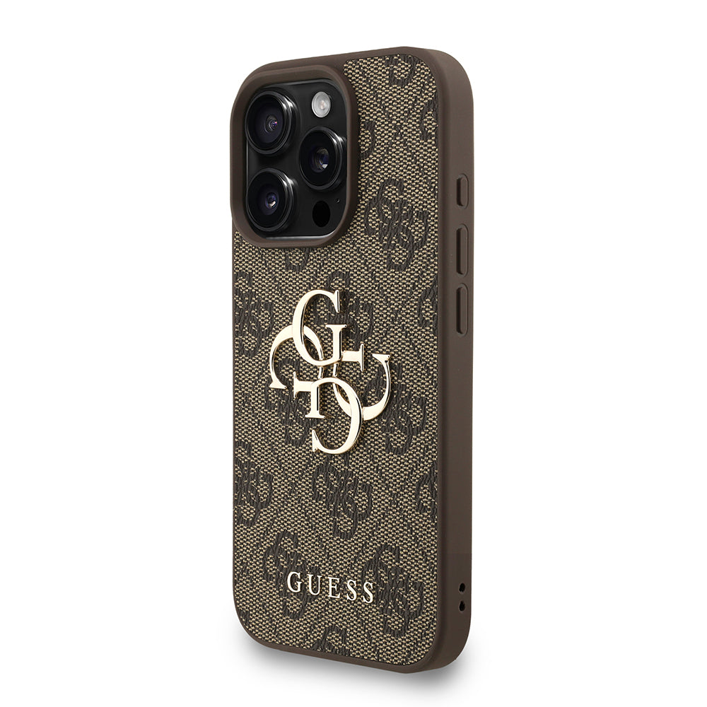 Apple iPhone 16 Pro Kılıf Guess Bilek Askı İpli Kapak Metal Büyük 4G ve Yazı Logolu Kahverengi