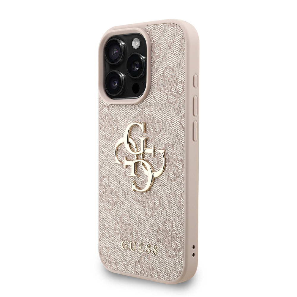 Apple iPhone 16 Pro Kılıf Guess Bilek Askı İpli Kapak Metal Büyük 4G ve Yazı Logolu Pembe