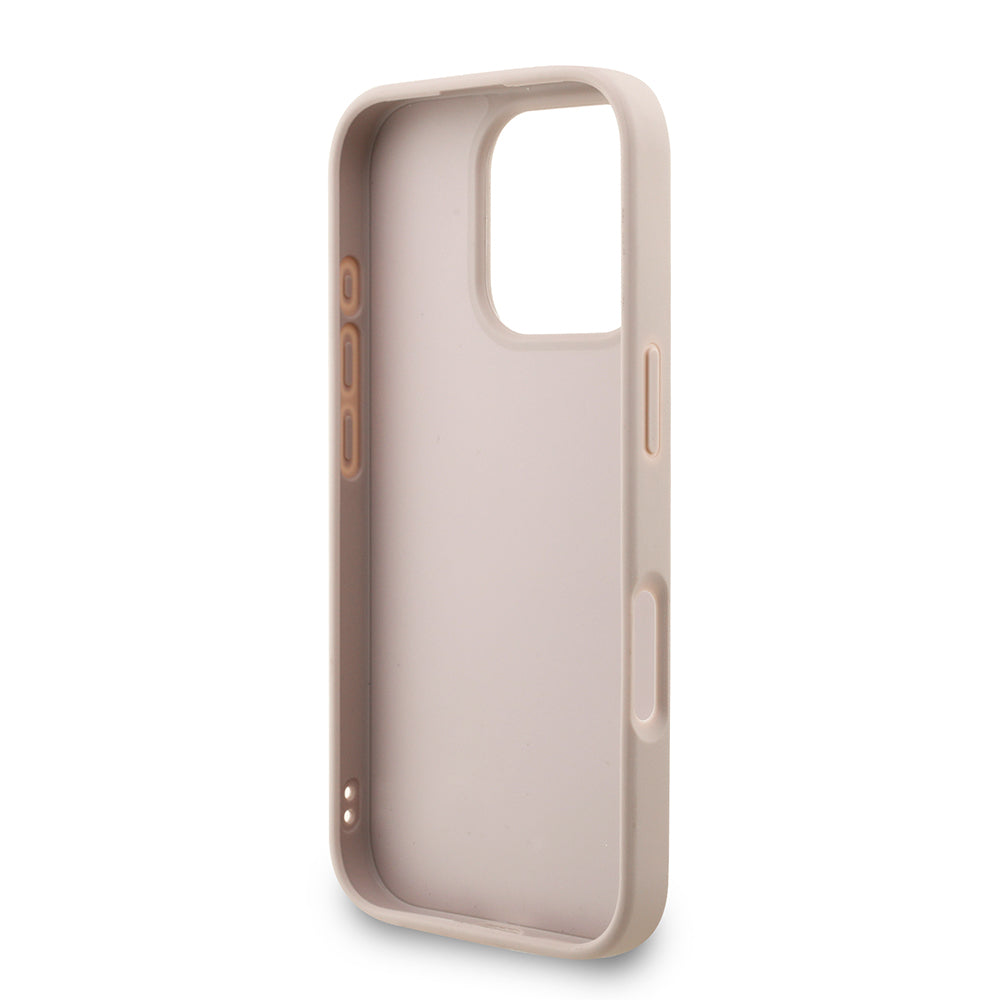 Apple iPhone 16 Pro Kılıf Guess Bilek Askı İpli Kapak Metal Büyük 4G ve Yazı Logolu Pembe