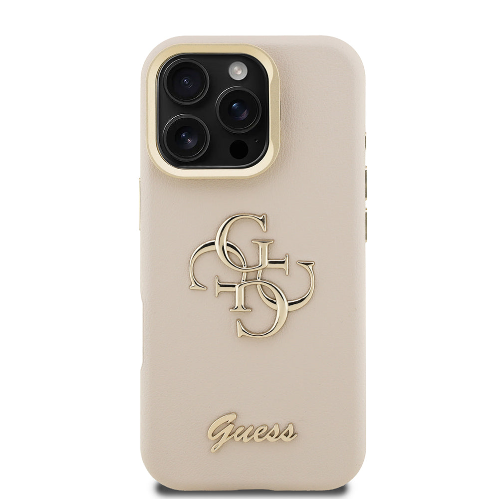 Apple iPhone 16 Pro Kılıf Guess Kamera Standlı Grained Yazı Logolu Kapak Bej