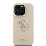 Apple iPhone 16 Pro Kılıf Guess Kamera Standlı Grained Yazı Logolu Kapak Bej