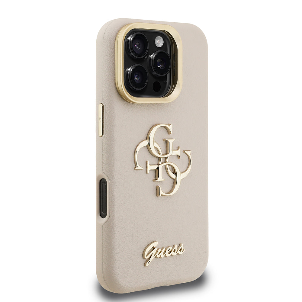 Apple iPhone 16 Pro Kılıf Guess Kamera Standlı Grained Yazı Logolu Kapak Bej