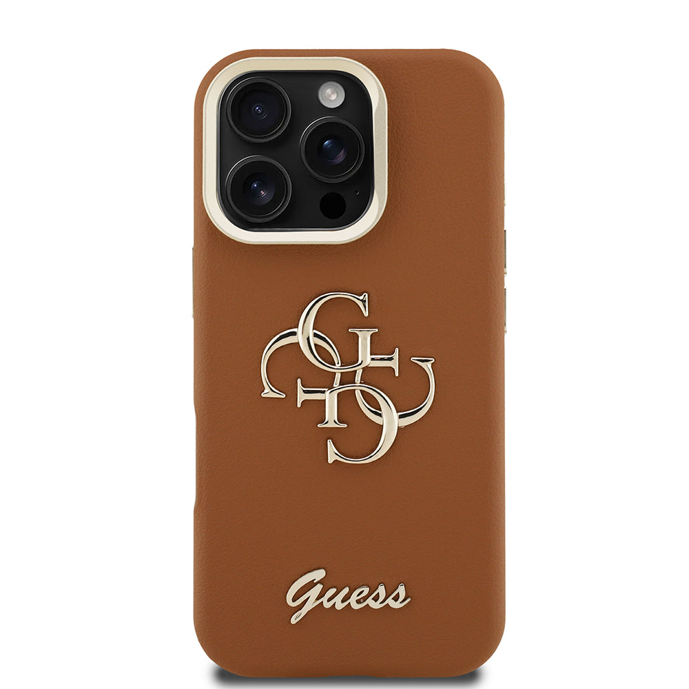 Apple iPhone 16 Pro Kılıf Guess Kamera Standlı Grained Yazı Logolu Kapak Kahverengi