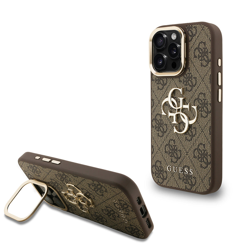 Apple iPhone 16 Pro Kılıf Guess Kamera Standlı Kapak 4G Desenli Metal 4G Logolu Kahverengi