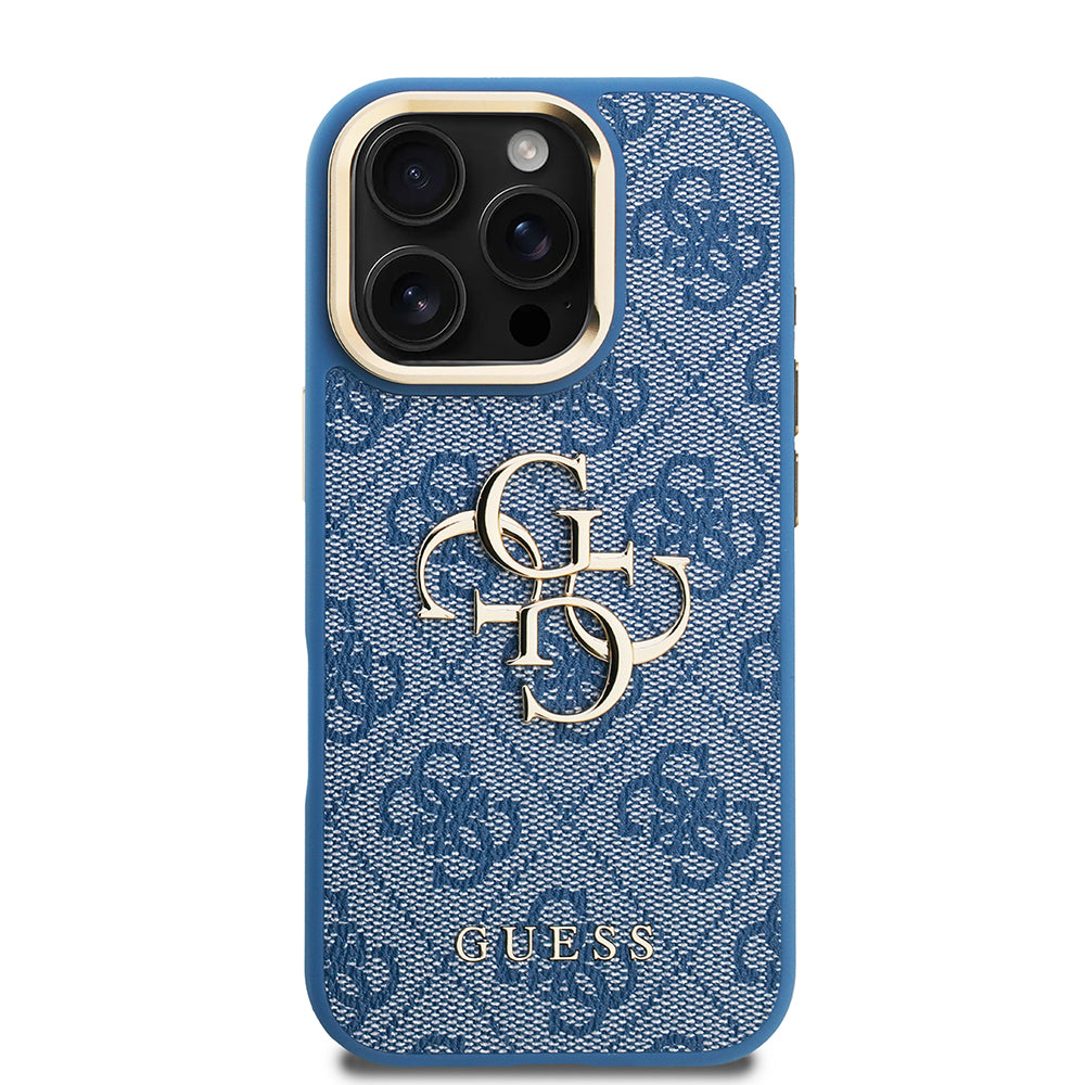 Apple iPhone 16 Pro Kılıf Guess Kamera Standlı Kapak 4G Desenli Metal 4G Logolu Mavi