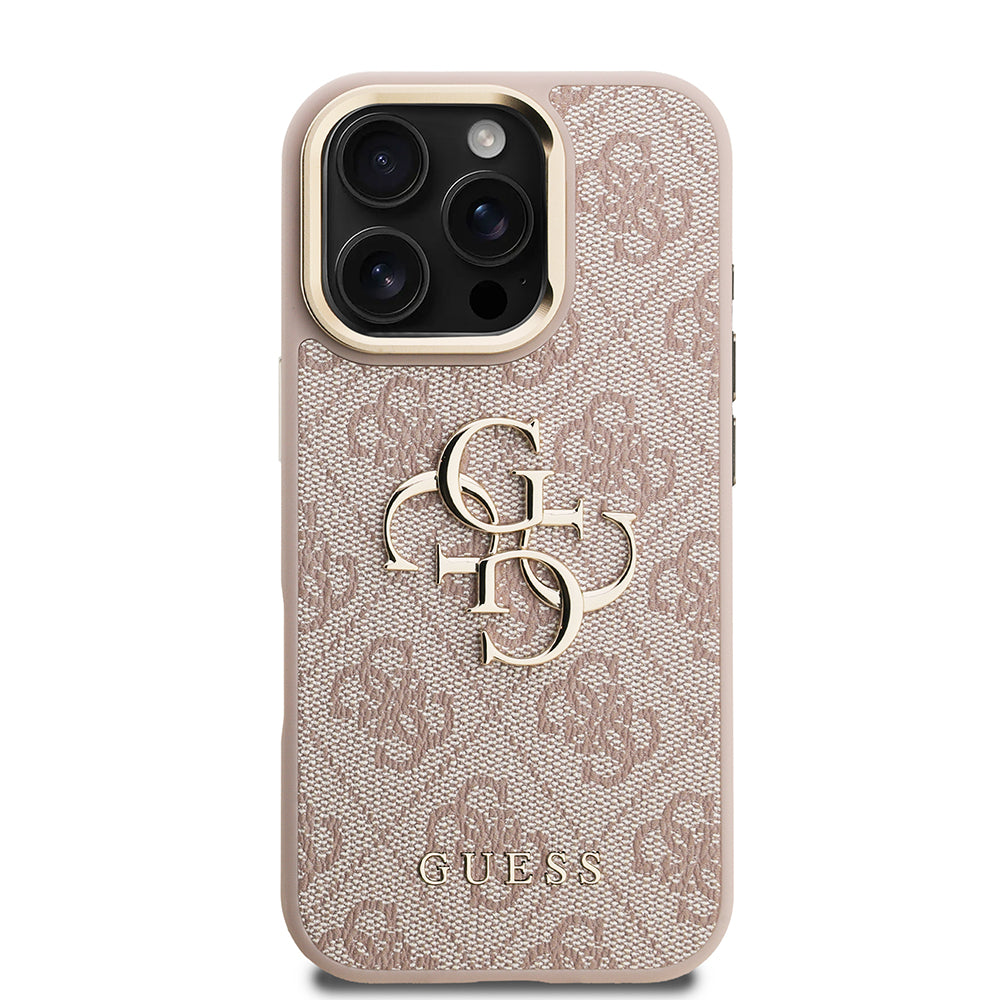 Apple iPhone 16 Pro Kılıf Guess Kamera Standlı Kapak 4G Desenli Metal 4G Logolu Pembe