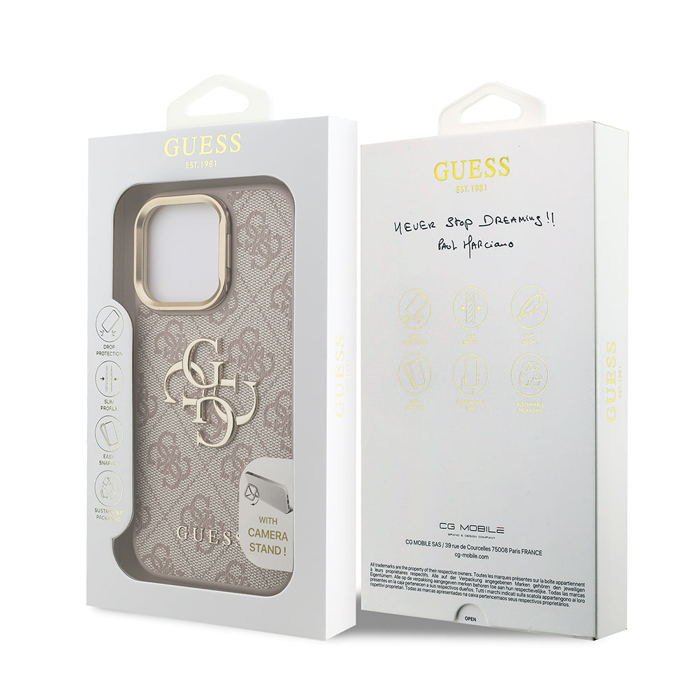 Apple iPhone 16 Pro Kılıf Guess Kamera Standlı Kapak 4G Desenli Metal 4G Logolu Pembe