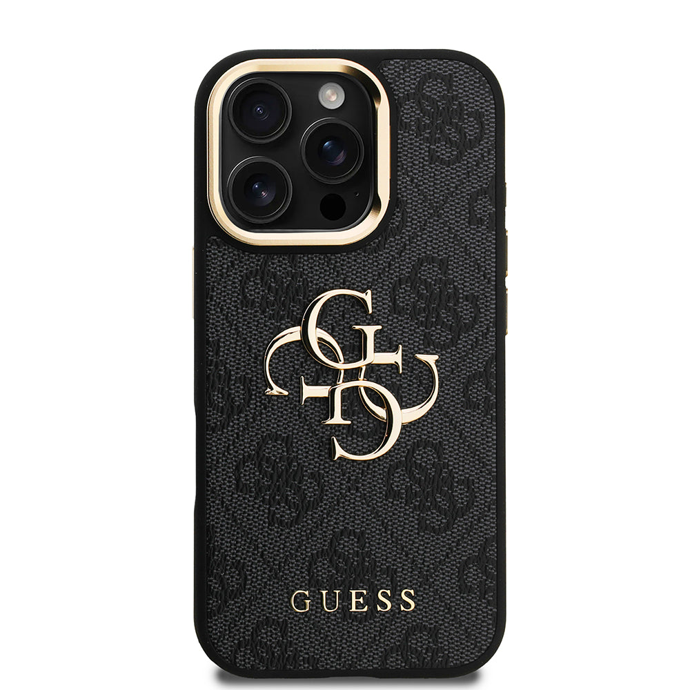 Apple iPhone 16 Pro Kılıf Guess Kamera Standlı Kapak 4G Desenli Metal 4G Logolu Siyah