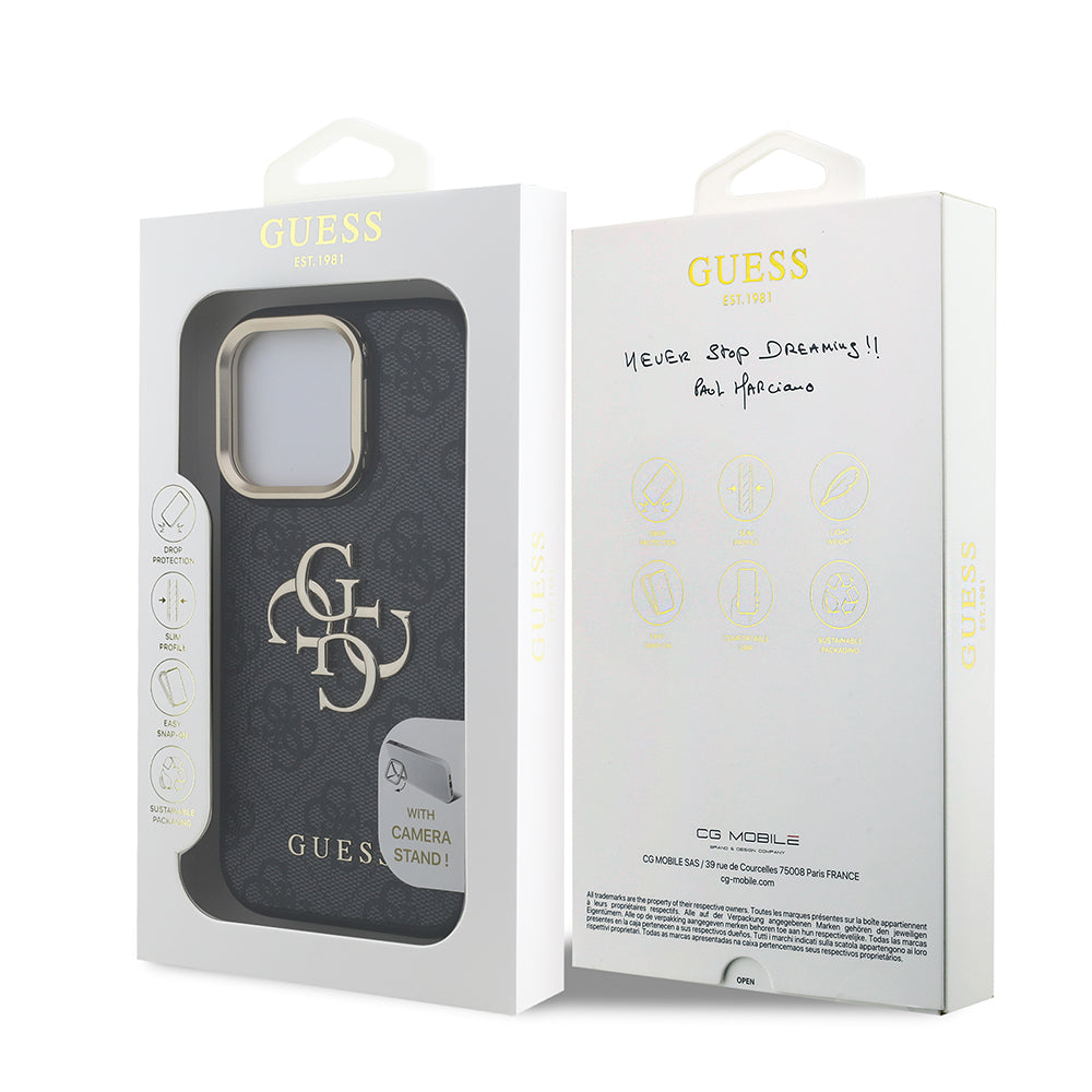 Apple iPhone 16 Pro Kılıf Guess Kamera Standlı Kapak 4G Desenli Metal 4G Logolu Siyah