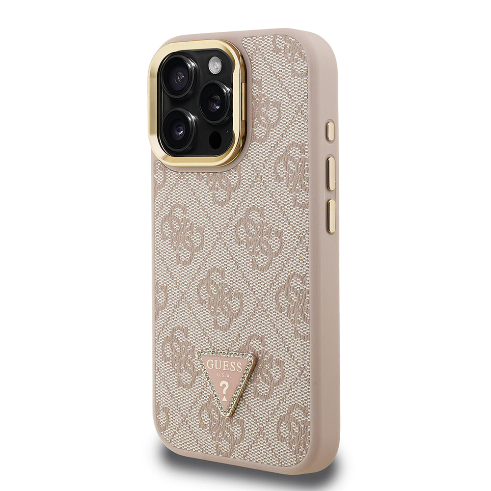 Apple iPhone 16 Pro Kılıf Guess Kamera Standlı M-Safe Özellikli Kapak Üçgen Logo 4G Desenli Pembe
