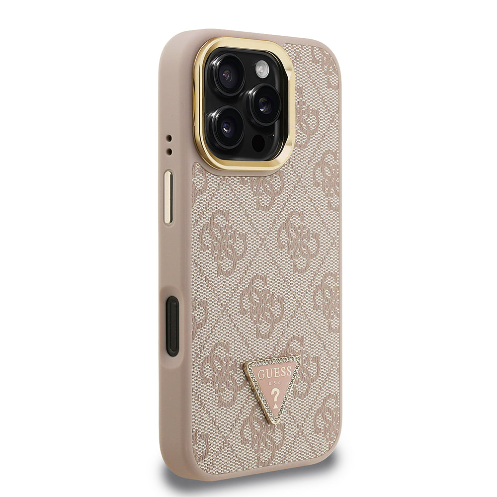 Apple iPhone 16 Pro Kılıf Guess Kamera Standlı M-Safe Özellikli Kapak Üçgen Logo 4G Desenli Pembe