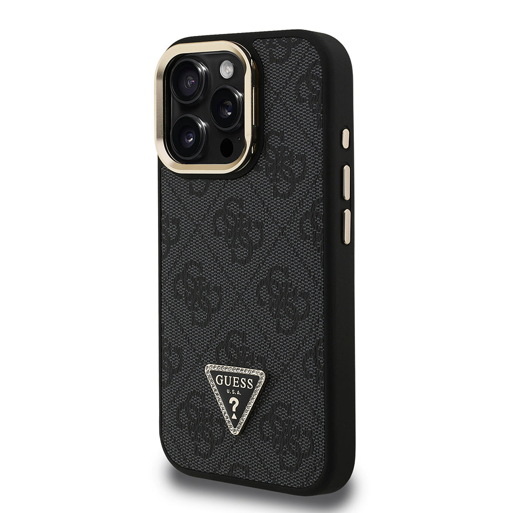 Apple iPhone 16 Pro Kılıf Guess Kamera Standlı M-Safe Özellikli Kapak Üçgen Logo 4G Desenli Siyah