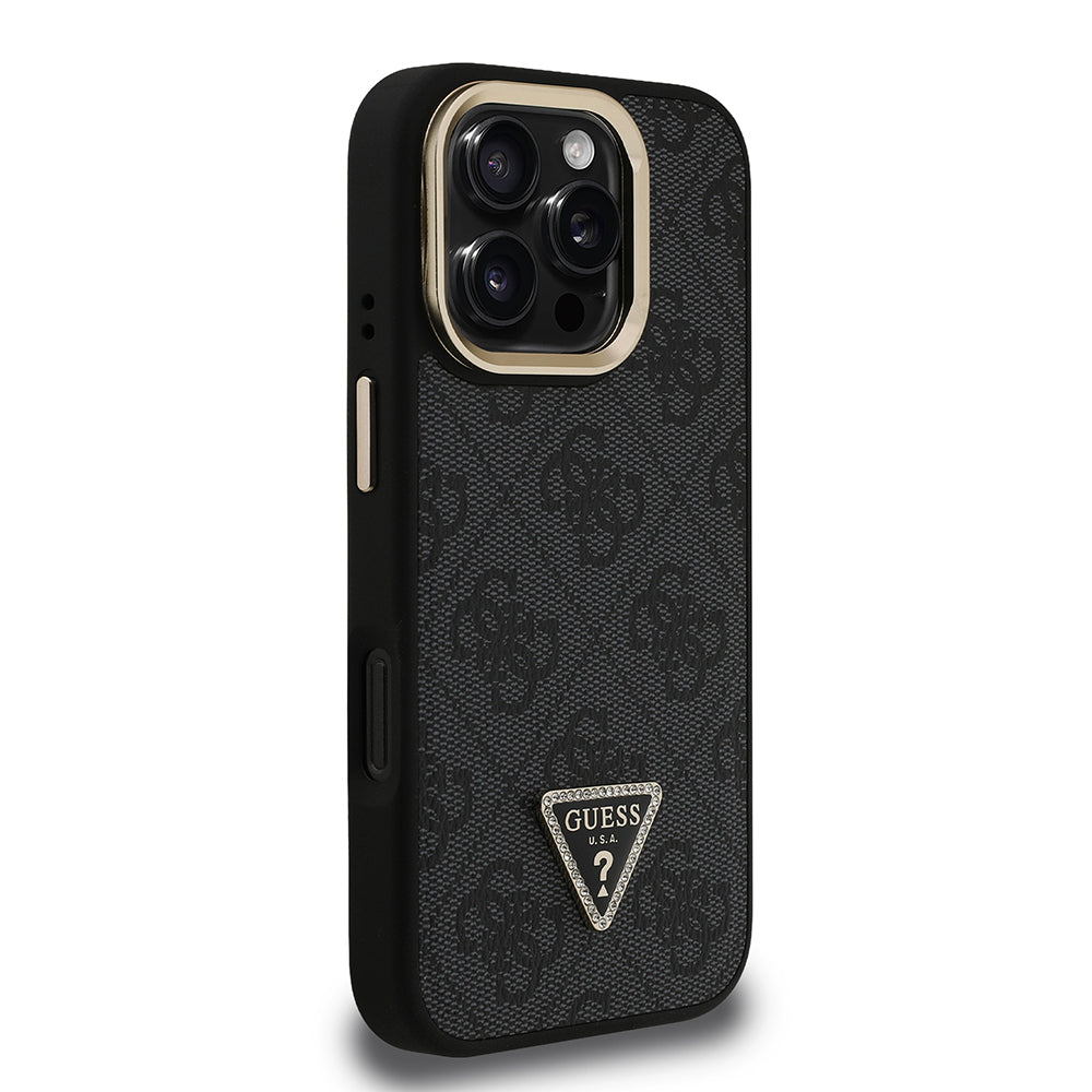 Apple iPhone 16 Pro Kılıf Guess Kamera Standlı M-Safe Özellikli Kapak Üçgen Logo 4G Desenli Siyah