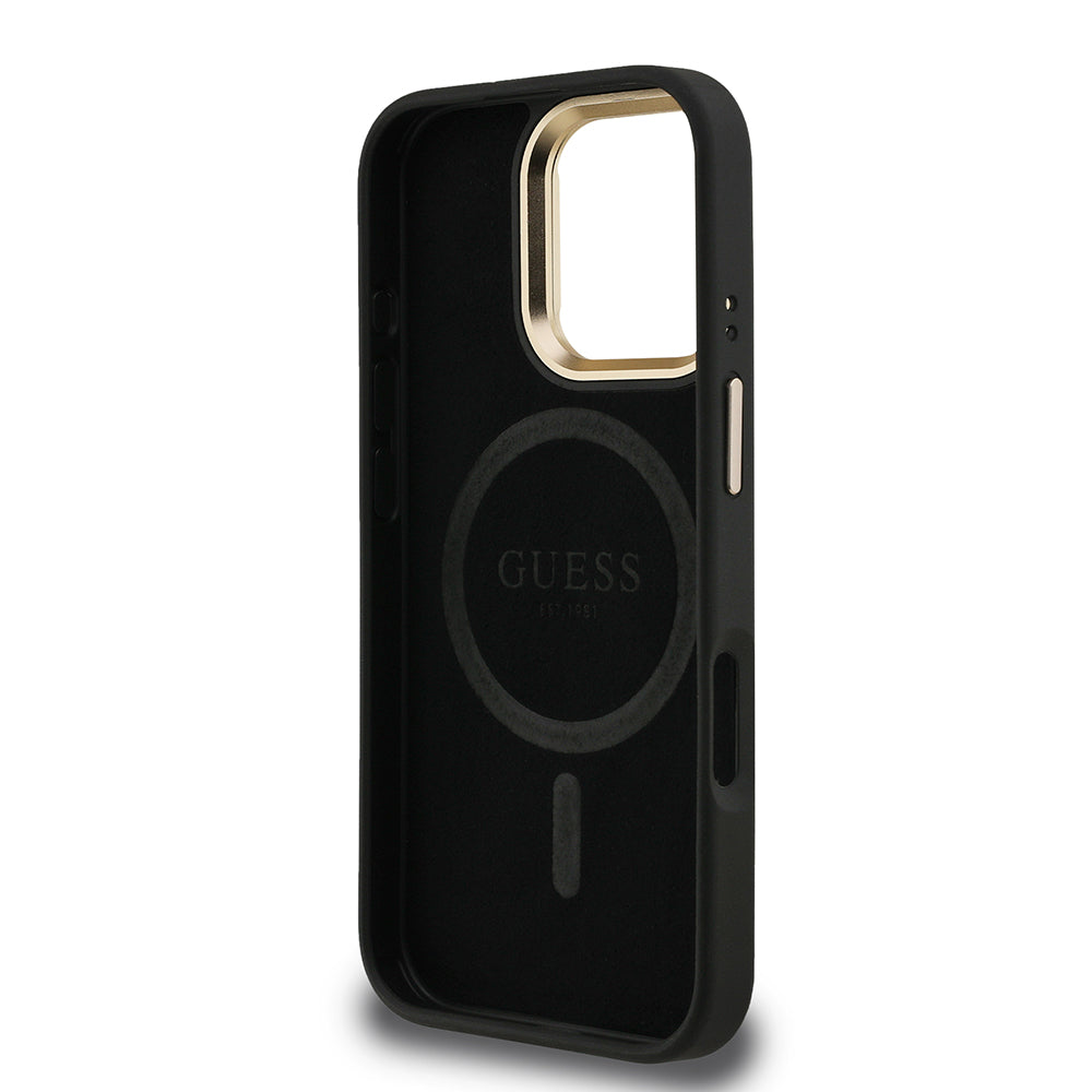 Apple iPhone 16 Pro Kılıf Guess Kamera Standlı M-Safe Özellikli Kapak Üçgen Logo 4G Desenli Siyah